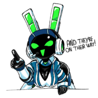 1girl artist:unknown breasts cleavage commentator dialogue girl huge_breasts pointing project_turboblast racing_suit robot robot_girl tempo text // 790x784 // 489KB