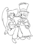 2girls artist:goseb90 bow crossover eyes_closed hat lineart monochrome peacock ponytail shantae shantae_(series) sitting skullgirls tobacco_pipe wayforward wink // 2000x2656 // 733KB
