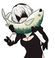 1girl bite blindfold colored eating fish grey_hair meme nier_automata parody sakurafish short_hair yorha_no._2_type_b // 932x990 // 547KB