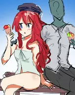 1boy 1girl anon archimedes blue_eyes blush bottomless colored eiyuu_senki food ice_cream long_hair red_hair sitting towel // 1500x1900 // 1.5MB