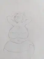 1girl arms_behind_head artist:unknown betilla breasts cleavage fat greyscale huge_breasts looking_to_the_side monochrome navel rayman_(series) rayman_origins sketch smile smiling thick_thighs thigh_highs traditional_medium tummy wide_hips wip // 3024x4032 // 2.4MB