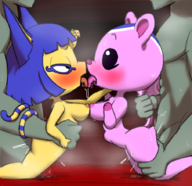2boys 2girls animal_crossing ankha anthro artist:unknown ass belly_bulge blush breast-to-breast breasts bulge cat drool furry grabbing_tail hand_on_belly hand_on_head looking_at_partner medium_breasts peanut_(animal_crossing) pussy_juice saliva sex squirrel tail tangled tongue tongue_kiss tongue_out vaginal yuri // 907x878 // 828KB