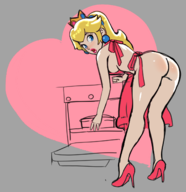1girl apron artist:sunbeam ass bending_over blonde_hair blue_eyes cake cooking earrings heart high_heels lipstick naked_apron nude oven princess_peach solo super_mario // 1312x1353 // 487KB