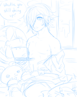 1boy 3ds artist:kiwi azure_striker_gunvolt looking_at_viewer merak shirtless sweat text video_games // 800x1000 // 325KB