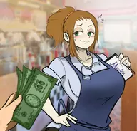 1girl artist:pogeaux diner_dash flo huge_breasts money // 1613x1543 // 309KB