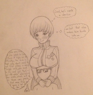 1boy 1girl artist:shamiranon chie_satonaka persona sunglasses text traditional_medium // 1263x1299 // 1.8MB