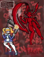 2girls artist:runebrave earthbound fighting giygas li'l_miss_marshmallow maid mother_(series) mother_3 robot text // 987x1282 // 866KB