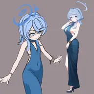 1girl ako artist:unknown blue_archive bracelet breasts cutout dress elegant_clothing happy navel reference slit_dress smile // 2048x2048 // 698KB