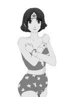 1girl artist:aikun2012 cosplay makoto_niijima monochrome persona persona_(series) persona_5 shin_megami_tensei short_hair sketch smile wonder_woman // 1050x1470 // 324KB