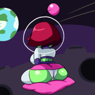 1girl artist:iggy_bomb ass background colored earth luna luna_(mighty_milky_way) mighty_milky_way panties pillow pink_hair planet short_hair sitting skirt thigh_highs // 2000x2000 // 438KB