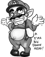1boy alternate_costume bellybutton breasts cosplay facial_hair fat gloves greyscale hat huge_breasts male_focus mario monochrome mustache nosebleed overalls parody pointy_ears shiny shiny_skin shoes shrug simple_background smile solo super_mario_bros. thigh_highs wardrobe_malfunction wario white_gloves // 639x800 // 184KB