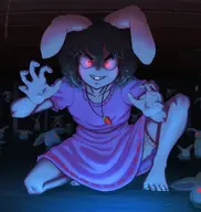 1girl animal artist:unknown buck_teeth collar colored crouching hand_gesture looking_at_viewer rabbit rabbit_ears red_eyes squatting tewi_inaba touhou // 2743x2886 // 3.6MB