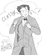 1girl 2boys ace_attorney apollo_justice artist:unknown athena_cykes bowtie eyes_closed jacket looking_at_partner monochrome phoenix_wright suit text // 1300x1700 // 469KB