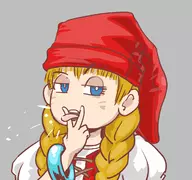 1girl artist:bishopbb blonde_hair blue_eyes bracelet braids colored dragon_quest dragon_quest_xi hand_gesture hat tongue veronica // 1200x1124 // 146KB