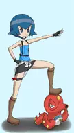 1girl blue_eyes blue_hair boots colored cosplay gloves jill_valentine lana octillery pokeball pokemon pokemon_sm pose resident_evil short_hair skirt smile // 1296x2304 // 743KB
