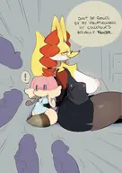 2girls anthro areolae artist:dodudoru audino breasts colored delphox disembodied_penis furry glasses huge_breasts imminent_sex nipples office_attire office_lady pantyhose pokemon shortstack skirt text thick_thighs thigh_highs // 1280x1812 // 871KB