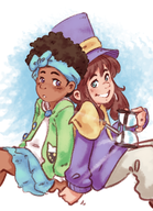 2girls a_hat_in_time artist:sunshine_memoir black black_hair blue_eyes bow bow_kid brown_hair colored dark_skin hand_holding hat hat_kid hourglass purple_eyes sitting smile time_piece top_hat // 342x473 // 203KB