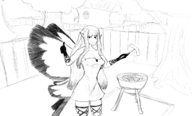 1girl airy artist:piopoi bravely_default breasts burger cooking dress grill hot_dog legwear looking_at_viewer medium_breasts monochrome sketch thumbs_up // 1388x838 // 493KB