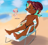 artist:justdavefnd beach beach_ball dark_skin green_eyes marina micro_bikini nipples orange_eyes pearl small_breasts smile splatoon_2 sunbathing topless // 1700x1600 // 1.9MB