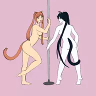 2girls animal_ears anime ass back black_rock_shooter black_rock_shooter_(series) blue_eyes blue_hair breasts cat_girl cat_tail colored crossover estelle_bright fangs from_behind looking_back nipples nude orange_hair pole red_eyes // 4400x4400 // 1.3MB