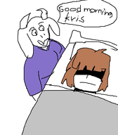 1boy 1girl artist:laweaacosadora bed brown_hair colored deltarune horns kris laying_down mspaint pillow short_hair speech_bubble text toriel_dreemurr // 456x521 // 16KB
