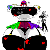 1boy 1girl anon artist:2hufag blush breasts cleavage colored gigantic_breasts greyscale heart hecatia_lapislazuli huge_breasts looking_down multiple_poses panties skirt tagme text thick_thighs thigh_highs touhou upskirt // 400x400 // 20KB