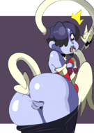 1girl anal anal_insertion ass blue_skin blush colored leviathan purple_hair red_eyes side_ponytail skullgirls squigly stitches undressing zombie // 1748x2480 // 987KB