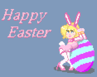 1girl aigis artist:bad-draw bimbo blonde_hair blue_eyes bunny_suit easter_egg easter_themed egg lipstick persona pixel_art text // 1170x930 // 11KB