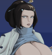 1girl artist:heeho-san black_hair blue_eyes breasts colored cropped huge_breasts katana_zero ponytail snow_(katana_zero) third-party_coloring // 1105x1169 // 635KB