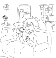 2girls aigis artist:speakyfag background candy chocolate clock couch dakimakura eating hat mspaint oc persona persona_(series) persona_3 pointy_ears shin_megami_tensei sigis sweater tie // 459x473 // 17KB