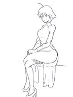 1girl ahoge artist:frequencyblue dress high_heels lineart short_hair sitting smile umihara umihara_kawase // 1500x2000 // 303KB
