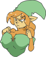 1boy artist:rider brown_hair colored green_eyes hat huge_breasts link pointy_ears short_hair the_legend_of_zelda tunic // 404x498 // 72KB