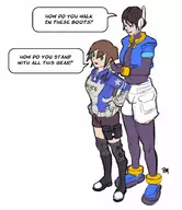 2girls aile akira_howard artist:pm_draws astral_chain brown_hair colored green_eyes mega_man_(series) mega_man_zx outfit_swap short_hair shorts speech_bubble text // 1300x1500 // 214KB