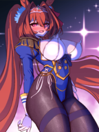 1girl artist:nemojona blush breasts daiwa_scarlet leotard lineart long_hair monochrome pantyhose pink_eyes red_hair sparkle thigh_highs tiara twintails uma_musume_pretty_derby uniform // 1378x1841 // 2.7MB