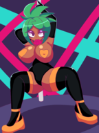 1girl artist:iggy_bomb breasts cerebella colored condom dark_skin elbow_gloves gloves green_hair makeup pasties pole ponytail skullgirls stripper_pole thigh_highs topless // 1500x2000 // 573KB