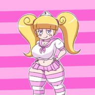 1girl alternate_breast_size artist:iggy_bomb blonde_hair blue_eyes colored demandi miniskirt school_uniform shortstack skirt smile striped_stockings thick thick_thighs thigh_highs tiara twintails uniform yo-kai_watch yo-kai_watch_3 // 1200x1200 // 405KB