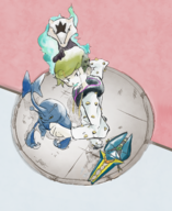 1boy artist:unknown crossover fire from_above green_hair heracross higashikata_jobin jojo's_bizarre_adventure marowak pinsir pokemon vikavolt // 1844x2252 // 3.9MB