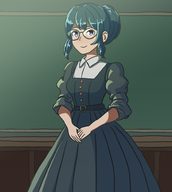 1girl artist:unknown byleth colorist:waitingforgames dress edit fire_emblem fire_emblem_three_houses glasses third-party_coloring // 880x980 // 386KB