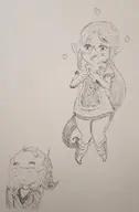 1boy 1girl artist:pikapika212 heart link long_hair medli monochrome pointy_ears the_legend_of_zelda toon_link traditional_medium wind_waker // 827x1264 // 96KB