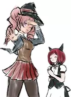 2girls animal_ears colored crossover danganronpa danganronpa_v3_killing_harmony drill_hair eyes_closed faris_nyannyan hat himiko_yumeno maid outfit_swap pantyhose pink_eyes pink_hair red_hair short_hair skirt smile steins;gate tongue wink // 1080x1477 // 613KB
