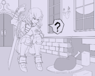 1girl artist:jefferoth black_and_white bloodstained castlevania chicken cleavage food miriam monochrome parody // 1246x1000 // 538KB