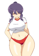 1girl artist:iggy_bomb colored eyes_closed glasses gym_uniform midriff pixel_art purple_eyes rin senran_kagura smile thick_thighs // 1064x1508 // 55KB