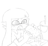 1girl artist:unknown blush burger eating food holding holding_object inkling inkling_girl monochrome open_mouth shrimp sketch soda splatoon // 1515x1469 // 260KB