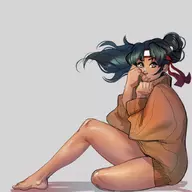 1girl artist:ph boots bottomless colored green_eyes green_hair headband kasumi_todoh long_hair ponytail sitting sweater the_king_of_fighters thighs // 1024x1024 // 134KB
