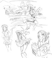 2girls ? aisha artist:unknown blush book looking_at_viewer monochrome monster_hunter multiple_poses question_mark seducing seductive seductive_pose sign sitting sketch skirt stool text // 1058x1173 // 318KB