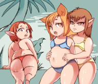 3girls artist:frank_rubens ass background bikini blonde_hair brown_eyes brown_hair chubby colored final_fantasy final_fantasy_xiv lalafell pointy_ears red_eyes red_hair short_hair topless yellow_eyes // 990x846 // 498KB
