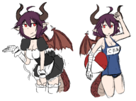 1girl ahoge artist:mellie ball bandages beach_ball granblue_fantasy grea horns maid multiple_poses one-piece_swimsuit pointy_ears purple_hair red_eyes short_hair smile swimsuit tail thigh_highs wings // 1537x1144 // 609KB