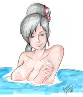 artist:nayaa bath black_hair breasts cleavage colored dynasty_warriors earrings huge_breasts lianshi nude water // 1846x2166 // 452KB