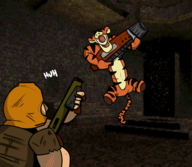 2boys artist:skai background black_eyes colored crossover gun quake ranger text tiger tigger weapon winnie_the_pooh // 481x418 // 301KB