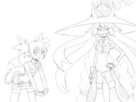 2girls artist:unknown bending_over bent_over crotch disgaea etna looking_at_viewer metallia monochrome navel sketch tail the_witch_and_the_hundred_knight tummy // 1600x1200 // 758KB